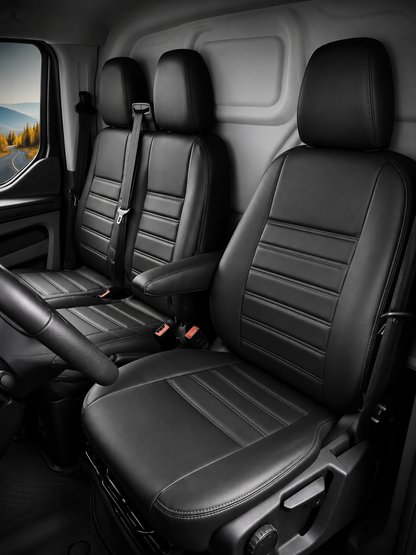 Stoelhoezen Ford Transit Tourneo Custom 2012 - 2023 – Fezz zwart – lederen stoelhoezen – perfecte pasvorm (Stoel/Bank-zonder voorbereiding klaptafel in de rugleuning)