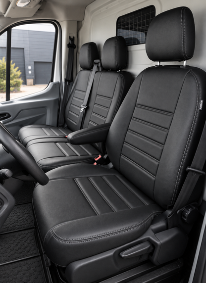 Stoelhoezen Ford Transit 2014 - heden – Fezz zwart – lederen stoelhoezen – perfecte pasvorm (Stoel/Bank-zonder voorbereiding klaptafel in de rugleuning)