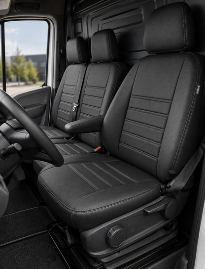 Stoelhoezen Mercedes eSprinter 2019 - 2023 – Fezz zwart – lederen stoelhoezen – perfecte pasvorm (Stoel/Bank-Standaard stoel/bank)