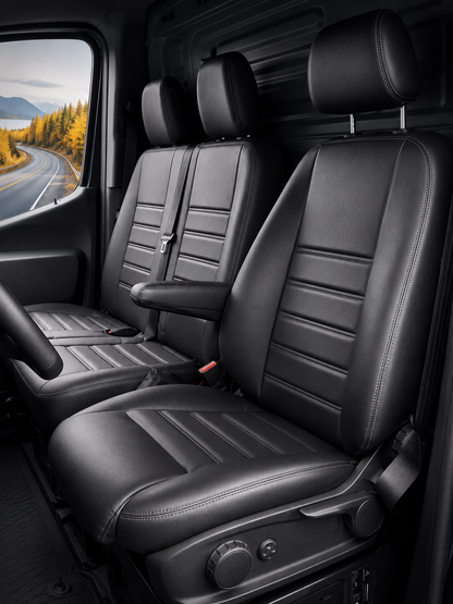 Stoelhoezen Mercedes eSprinter 2019 - 2023 – Fezz zwart – lederen stoelhoezen – perfecte pasvorm (Stoel/Bank-Comfort stoel/bank)