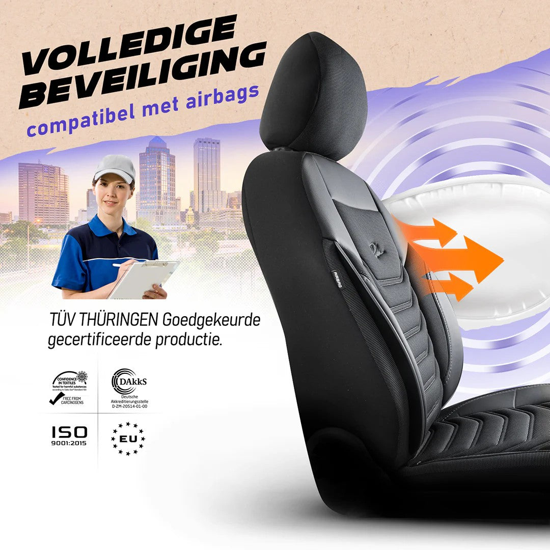 Stoelhoezen Iveco E-Jolly 2025 - heden – Florida zwart/grijs – perfecte pasvorm (Stoel/Bank-met voorbereiding klaptafel in de rugleuning)