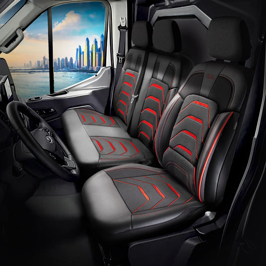 Bodrum stoelhoes, stoelhoezen voor Ford Transit 2014 – heden, Zwart Rood, Jacquard stof Lederenlook, Stoel/Bank