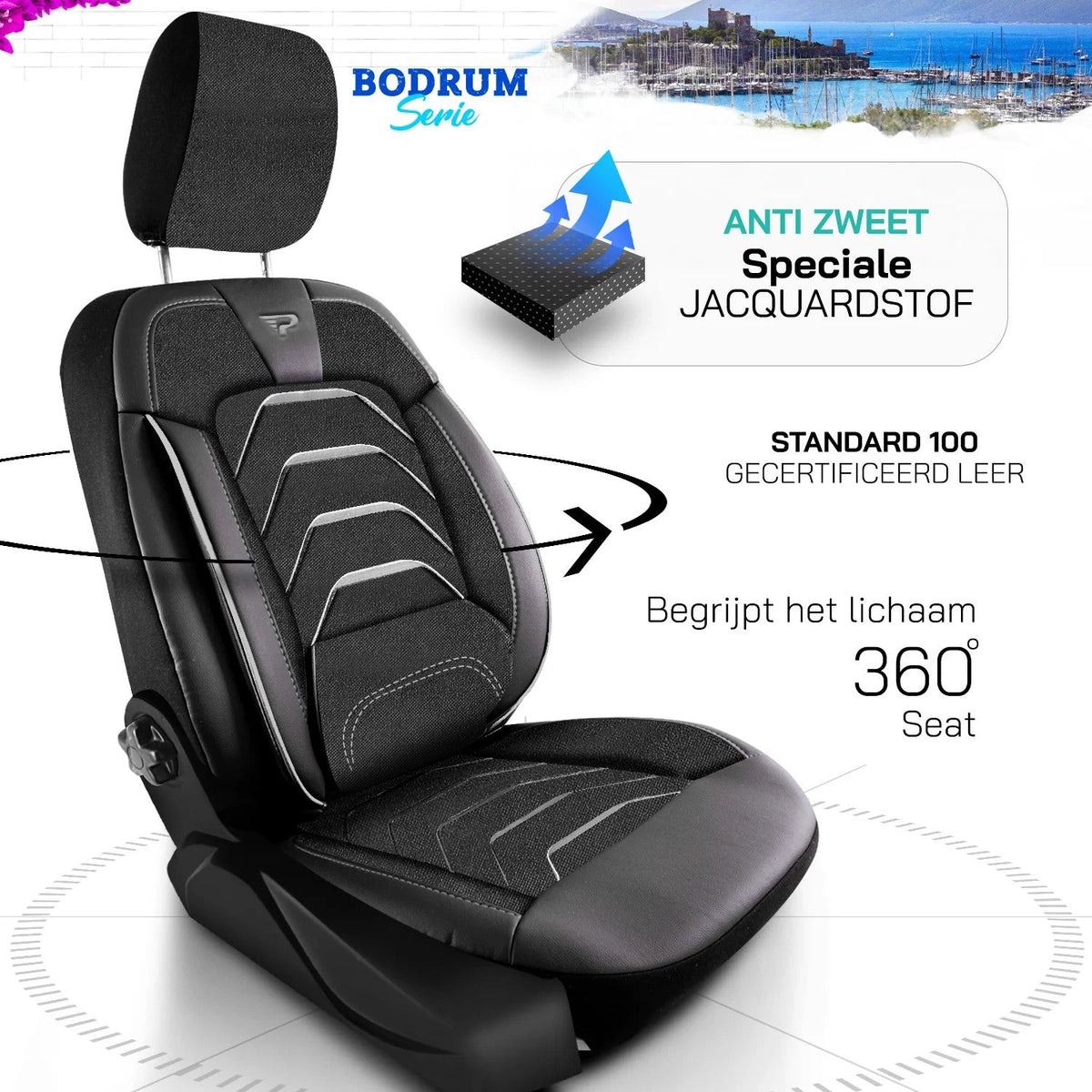 Bodrum stoelhoes, stoelhoezen voor Opel Movano 2010 – 2024, Zwart Grijs, Jacquard stof Lederenlook, Stoel/Bank-met splitsing 