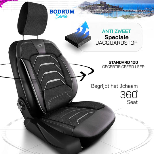 Bodrum stoelhoes, stoelhoezen voor Nissan Interstar 2022 – 2024, Zwart Grijs, Jacquard stof Lederenlook, Stoel/Stoel