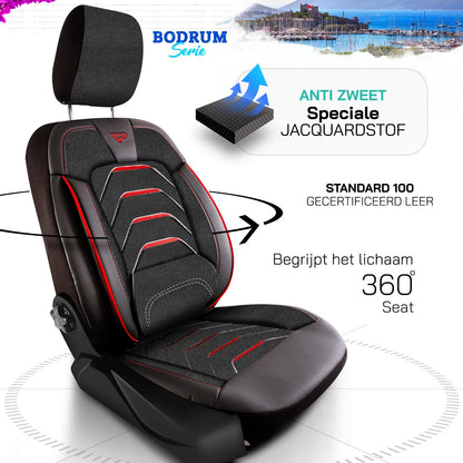 Bodrum stoelhoes, stoelhoezen voor Peugeot Boxer 2006 – heden, Zwart Rood, Jacquard stof Lederenlook, Stoel/Bank