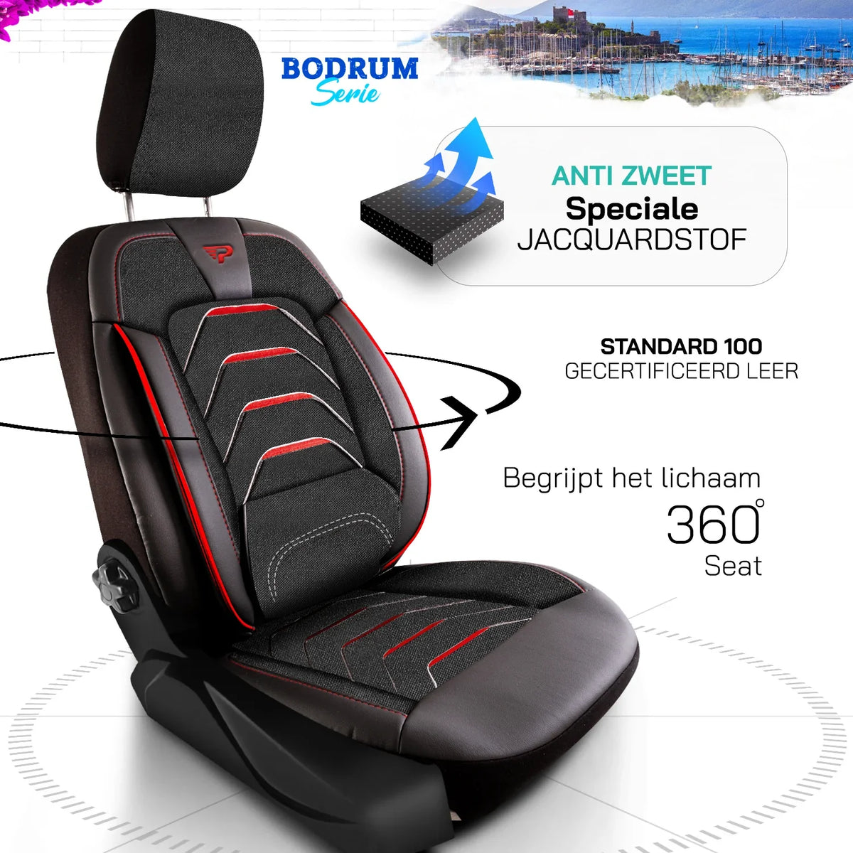 Bodrum stoelhoes, stoelhoezen voor Citroen Jumper 2006 – heden, Zwart Rood, Jacquard stof Lederenlook, Stoel/Bank