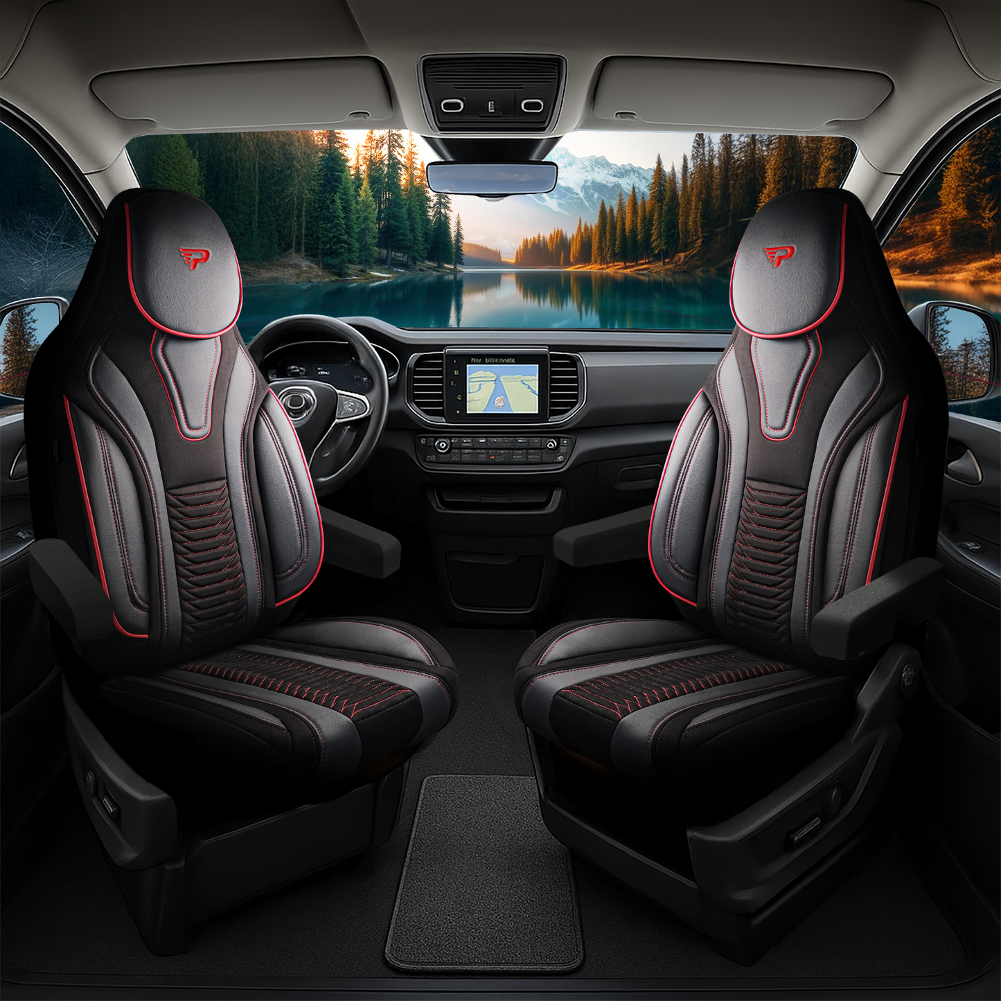 Camper stoelhoezen Renault Master  E-Tech electric 2018 - 2024 - Tokyo Rood - Premium kunstleer & suède - Uniek design - 2 losse voorstoelen
