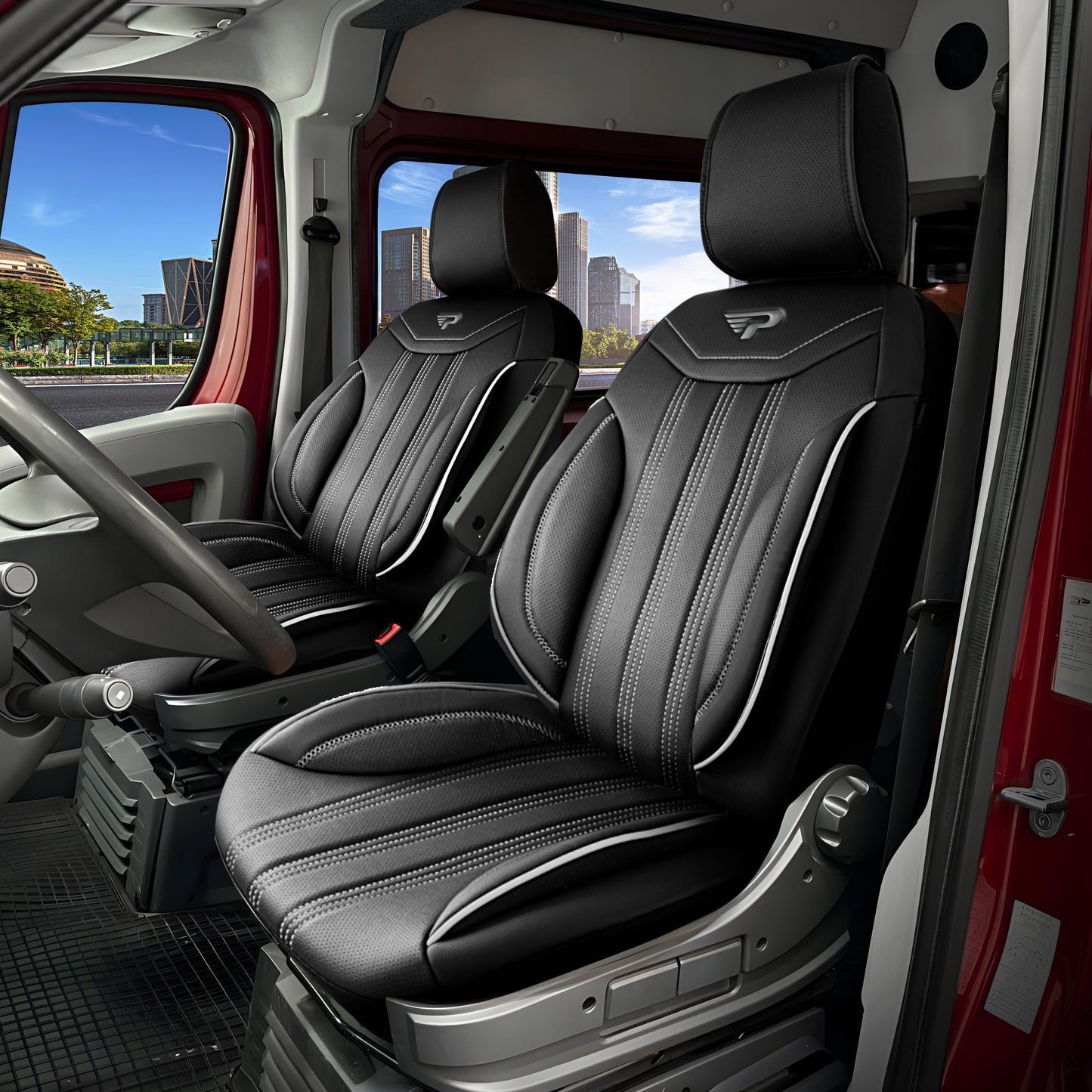 Stoelhoezen BYD ETP3 2024–heden – Miami zwart/grijs – perfecte pasvorm (Stoel/Stoel)