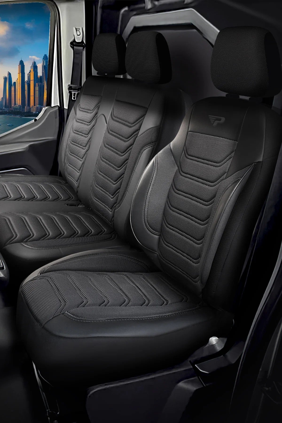 Stoelhoezen Iveco E-Jolly 2025 - heden – Florida zwart/grijs – perfecte pasvorm (Stoel/Bank-met voorbereiding klaptafel in de rugleuning)