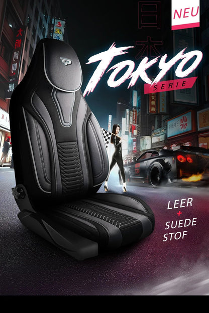 Camper stoelhoezen MAN e-TGE 2018 - heden - Tokyo Zwart - Premium kunstleer & suède - Uniek design - 2 losse voorstoelen