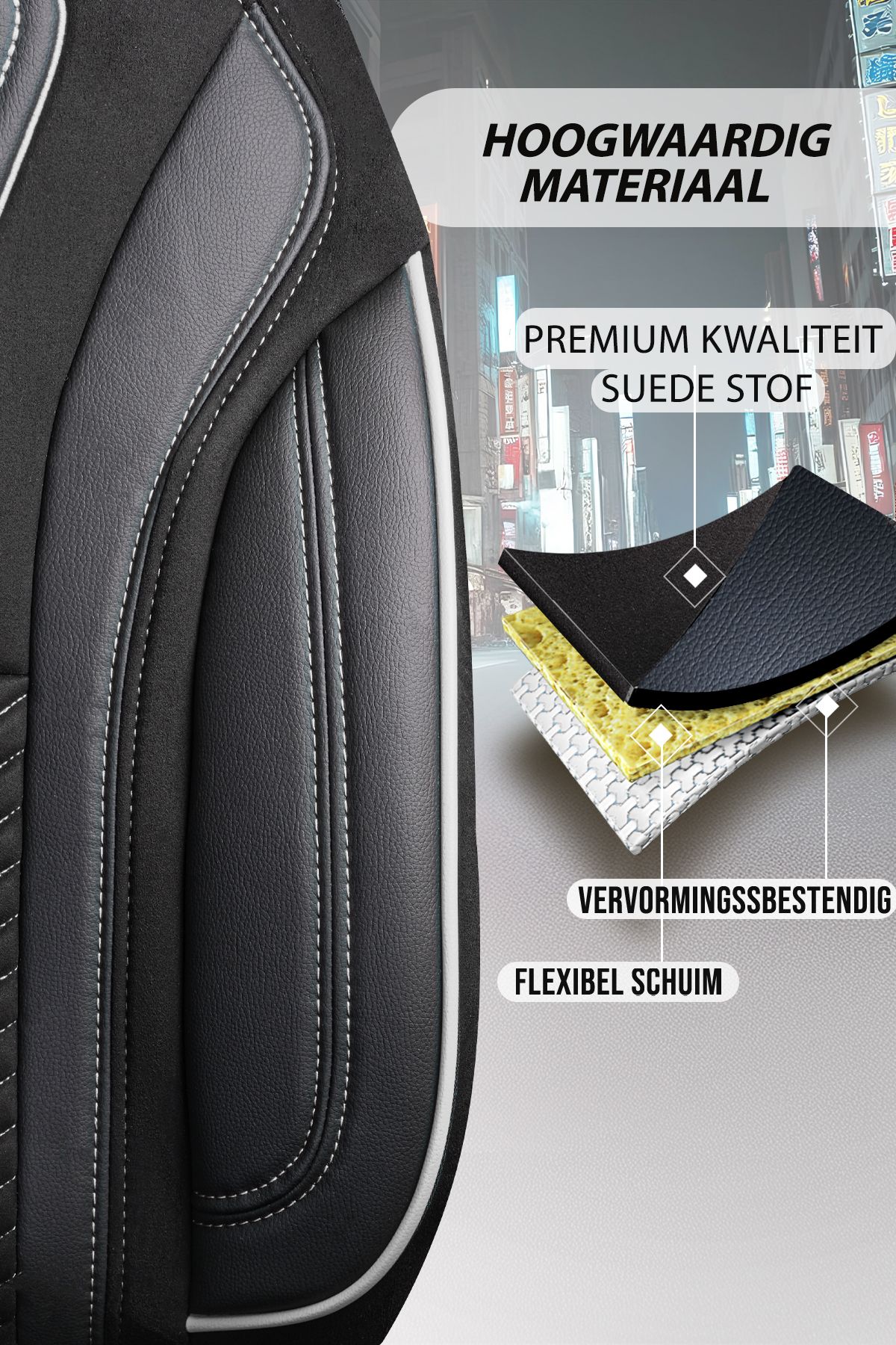 Camper stoelhoezen Volkswagen e-Transporter 2024 - heden - Tokyo Zwart - Premium kunstleer & suède - Uniek design - 2 losse voorstoelen
