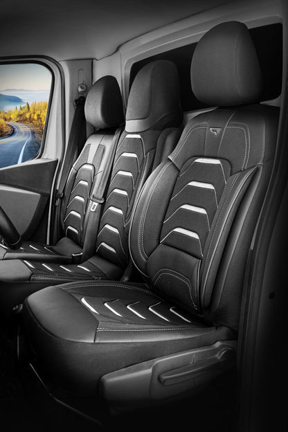 Bodrum stoelhoes, stoelhoezen voor Opel Movano 2010 – 2024, Zwart Grijs, Jacquard stof Lederenlook, Stoel/Bank-met splitsing 